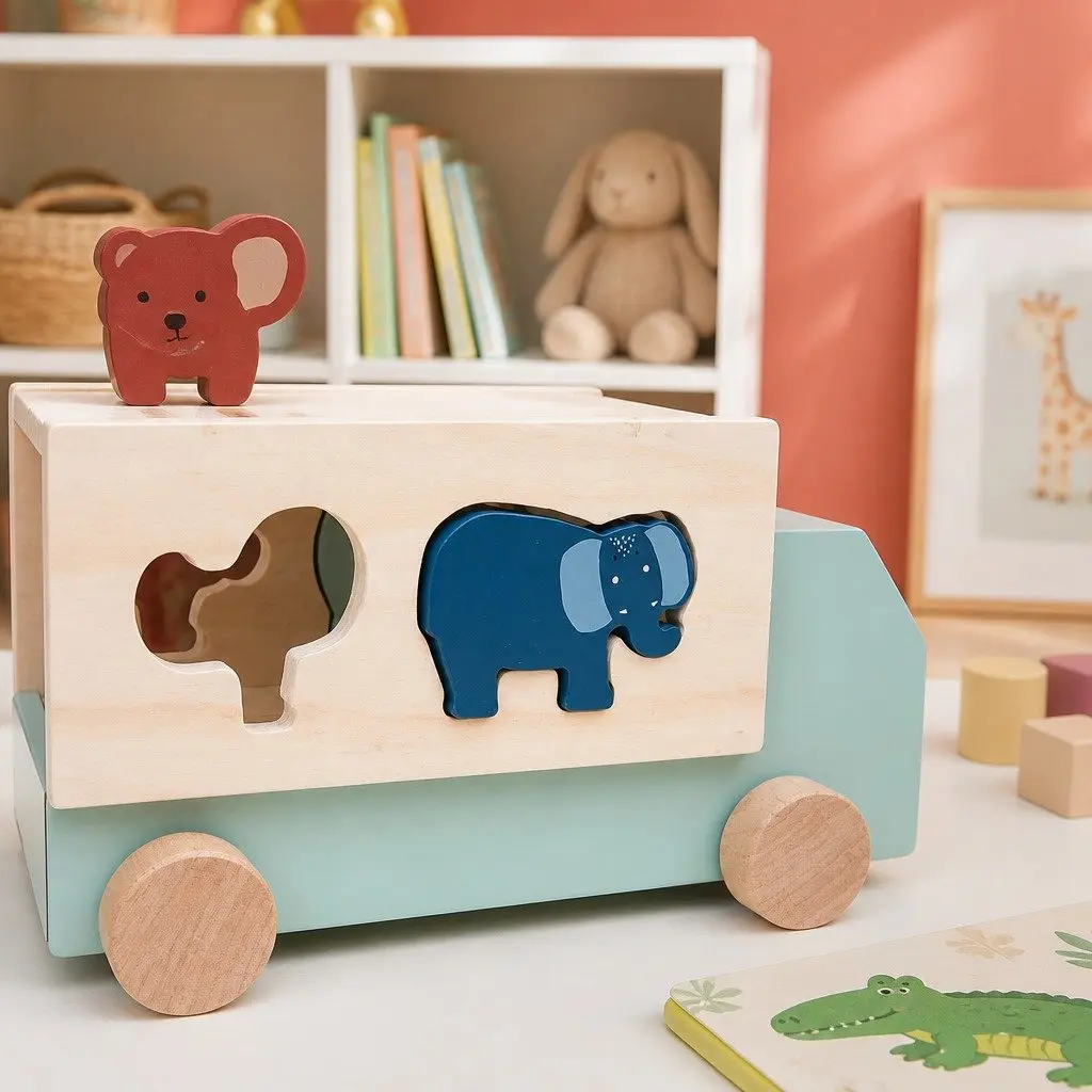 Wooden Animal Truck Pull Along Toy with 5 Animals Fine Motor Puzzle Game