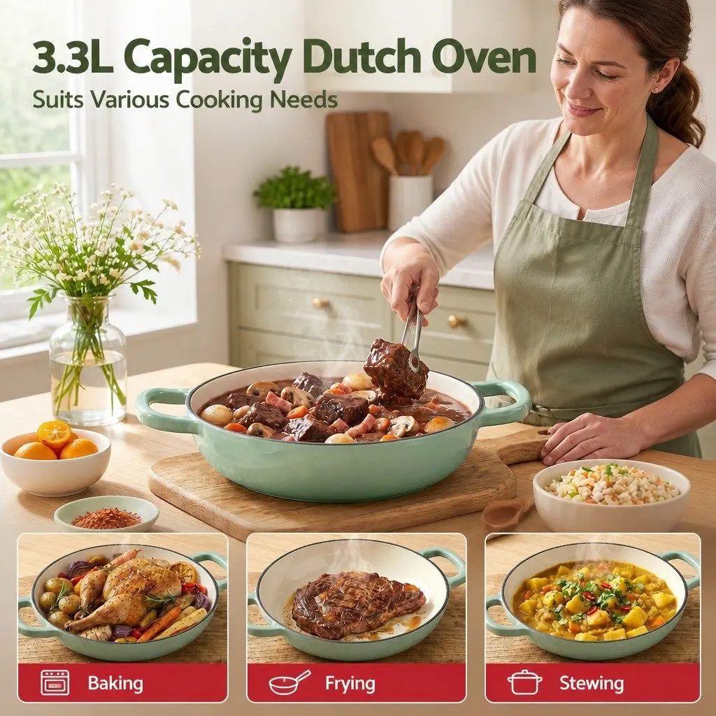Enameled Cast Iron Dutch Oven Pot Kitchen 3.3L Green