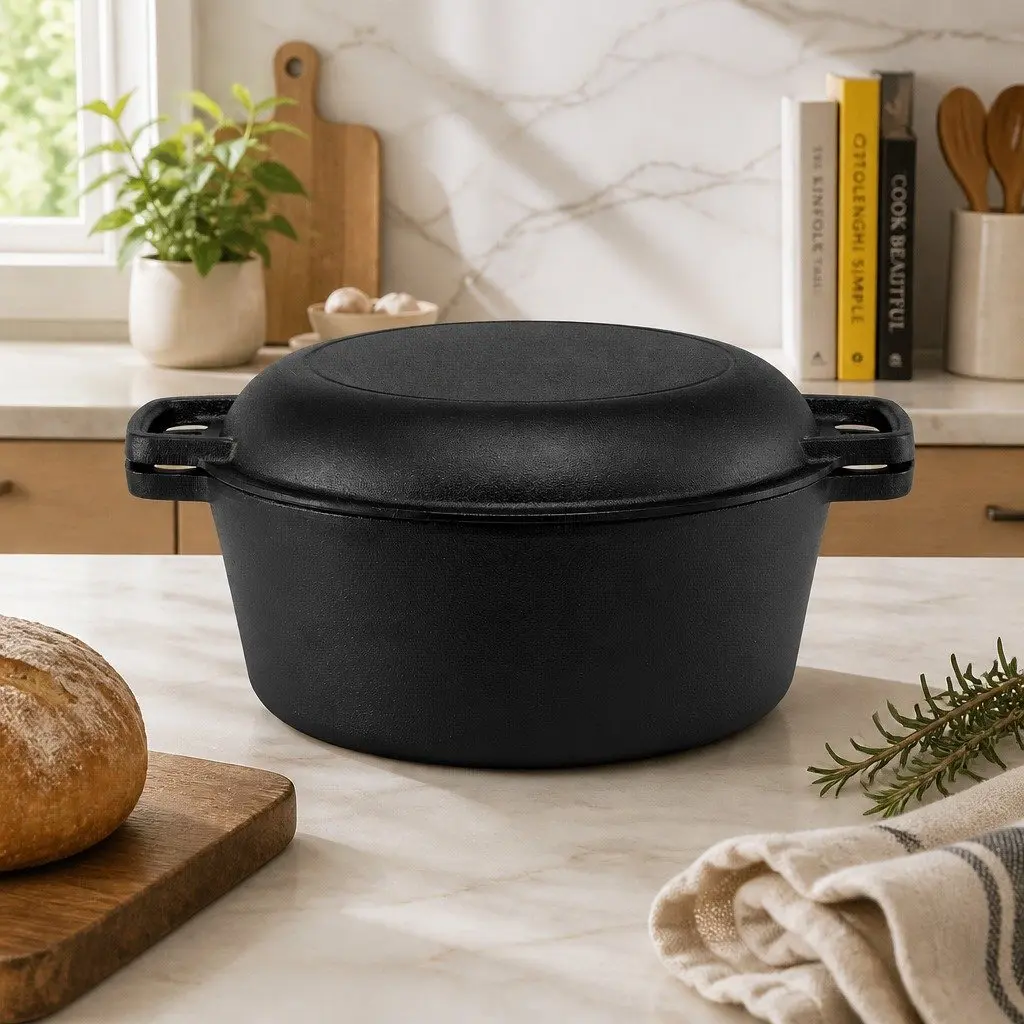5L Cast Iron Dutch Oven Pot for Kitchen Cooking Baking with Lid and Dual Handles Black