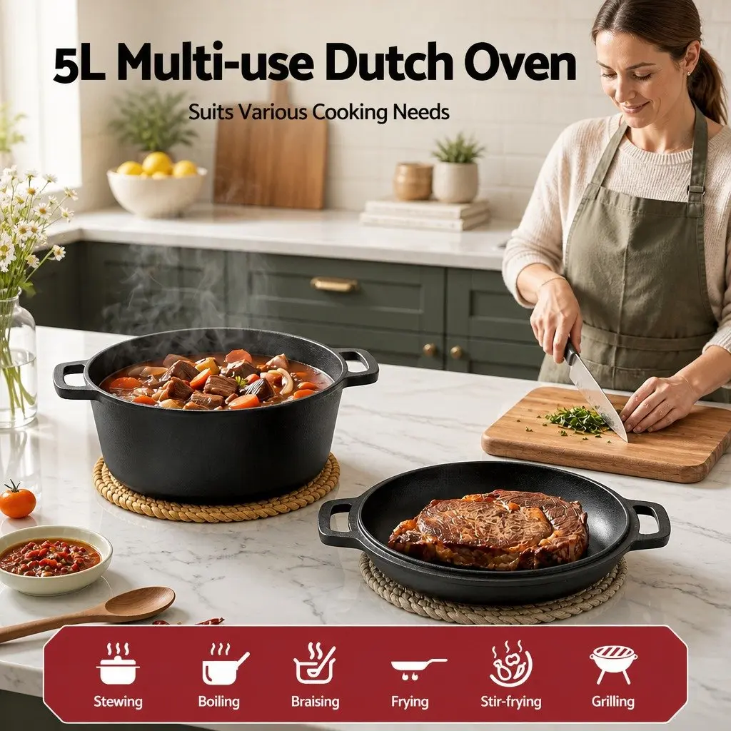 5L Cast Iron Dutch Oven Pot for Kitchen Cooking Baking with Lid and Dual Handles Black