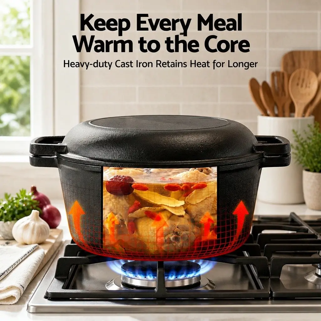 5L Cast Iron Dutch Oven Pot for Kitchen Cooking Baking with Lid and Dual Handles Black