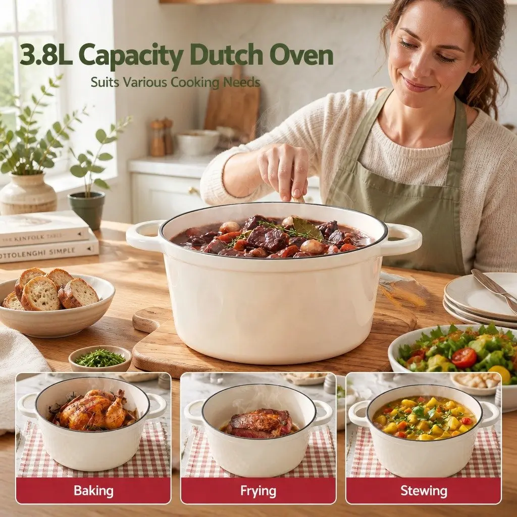Enameled Cast Iron Dutch Oven Pot for Kitchen 3.8L White