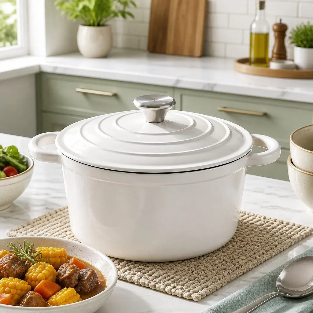 Enameled Cast Iron Dutch Oven Pot for Kitchen 3.8L White