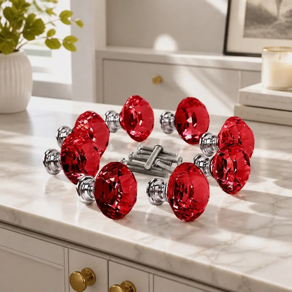 16 Red Crystal Cabinet Knobs 40mm