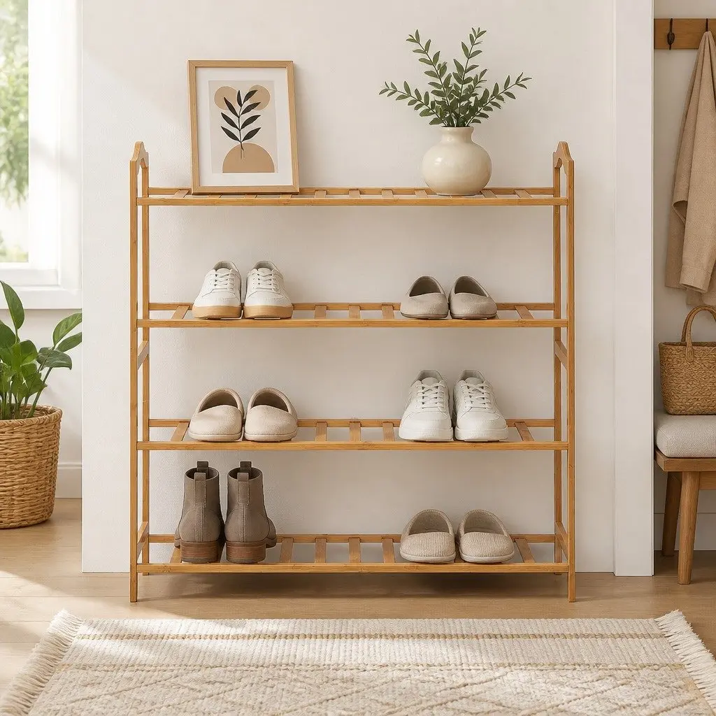 Bamboo Shoe Rack Storage Hallway Bedroom 80cm Wide 4 Tier Wooden Organiser