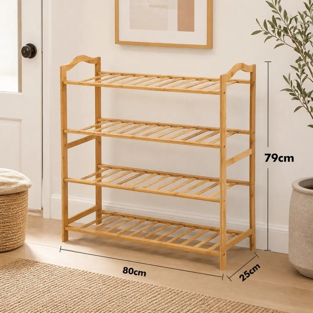 Bamboo Shoe Rack Storage Hallway Bedroom 80cm Wide 4 Tier Wooden Organiser