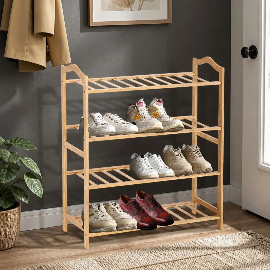 Bamboo Shoe Rack Storage Hallway Bedroom 80cm Wide 4 Tier Wooden Organiser