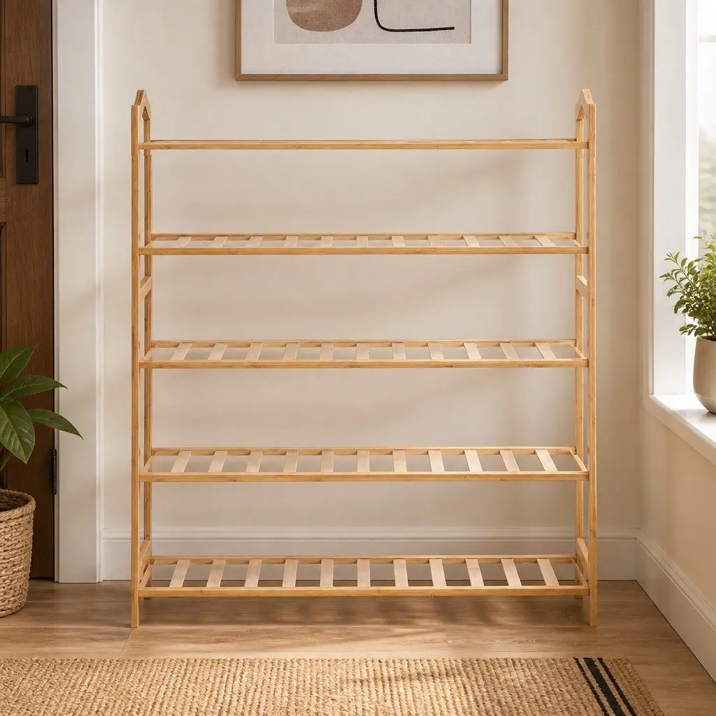 Bamboo Shoe Rack Storage Hallway 80cm Width 5 Tier Wooden Organiser Natural