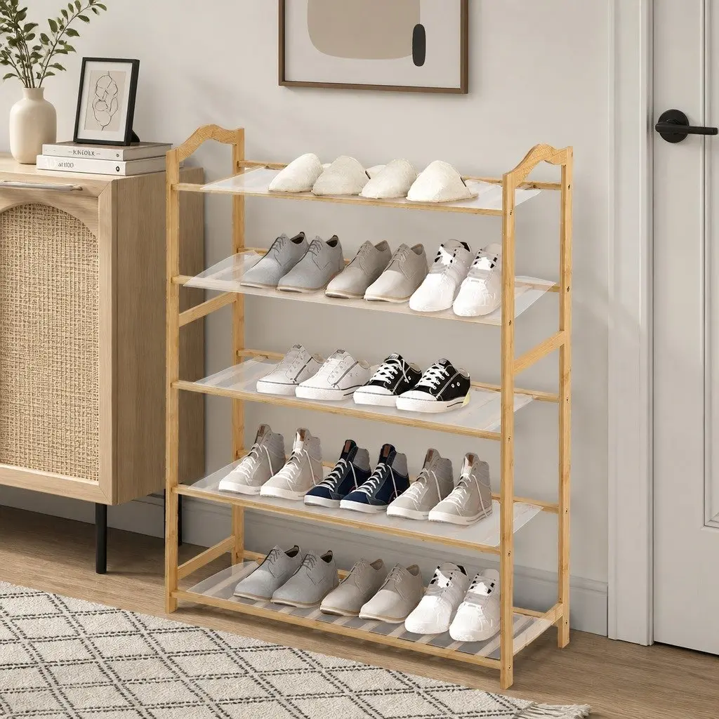 Bamboo Shoe Rack Storage Hallway 80cm Width 5 Tier Wooden Organiser Natural