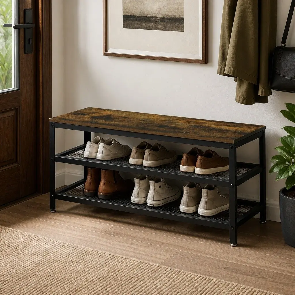3-Tier Shoe Rack Bench 100cm Metal Shelf