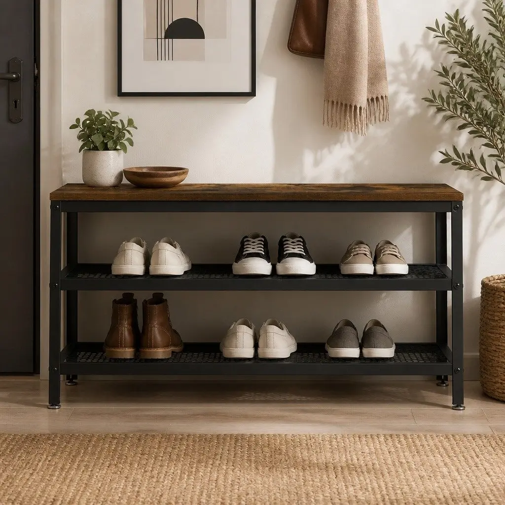 3-Tier Shoe Rack Bench 100cm Metal Shelf