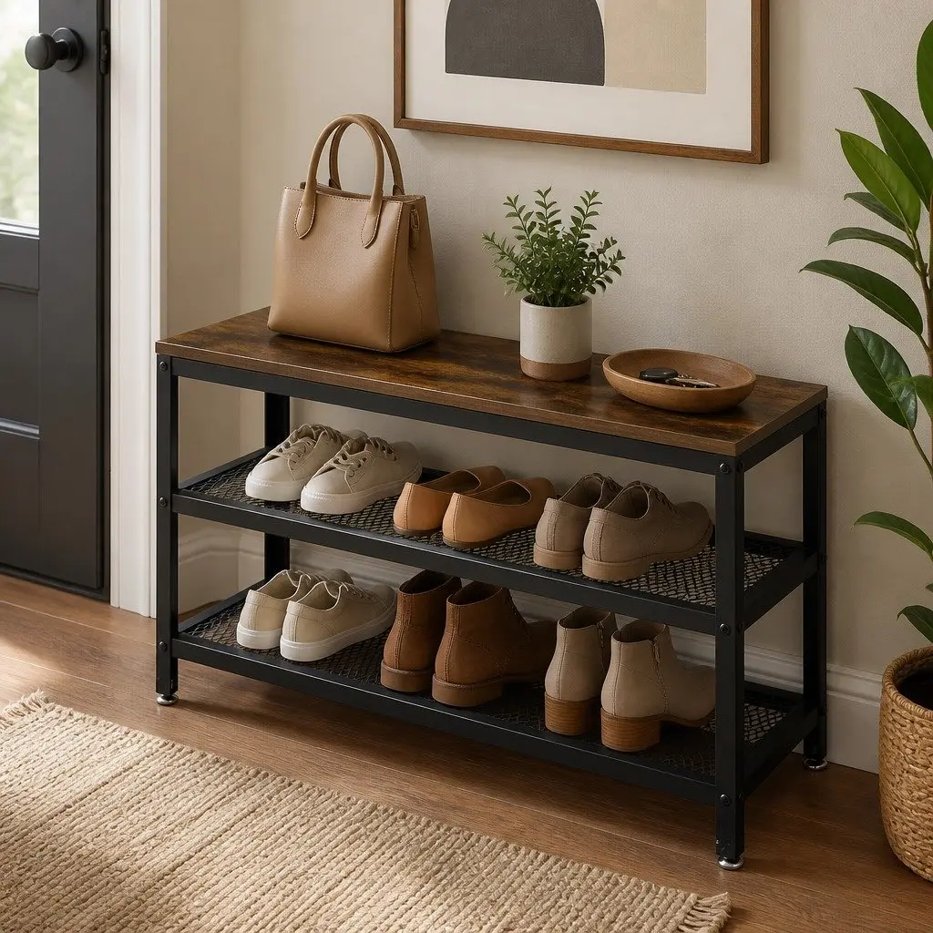 3-Tier Shoe Rack Bench 100cm Metal Shelf