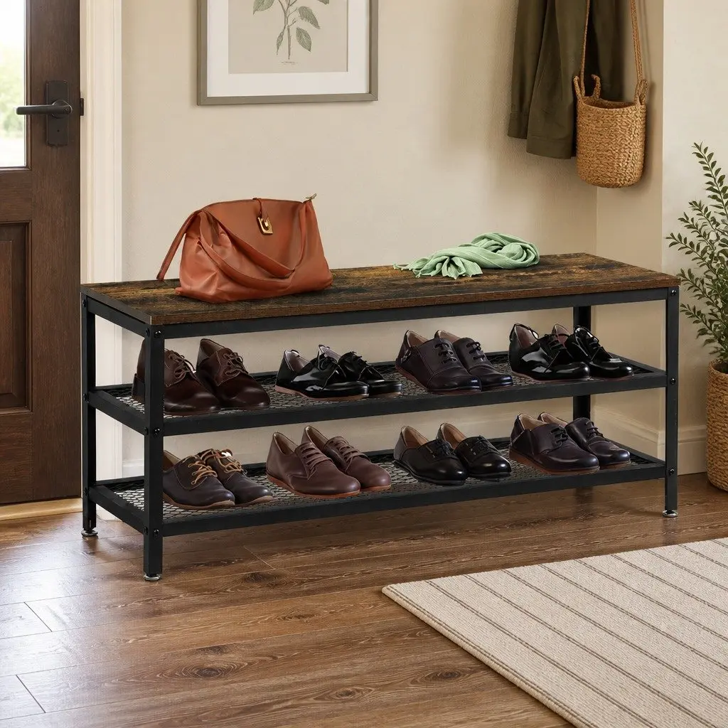 3-Tier Shoe Rack Bench 100cm Metal Shelf