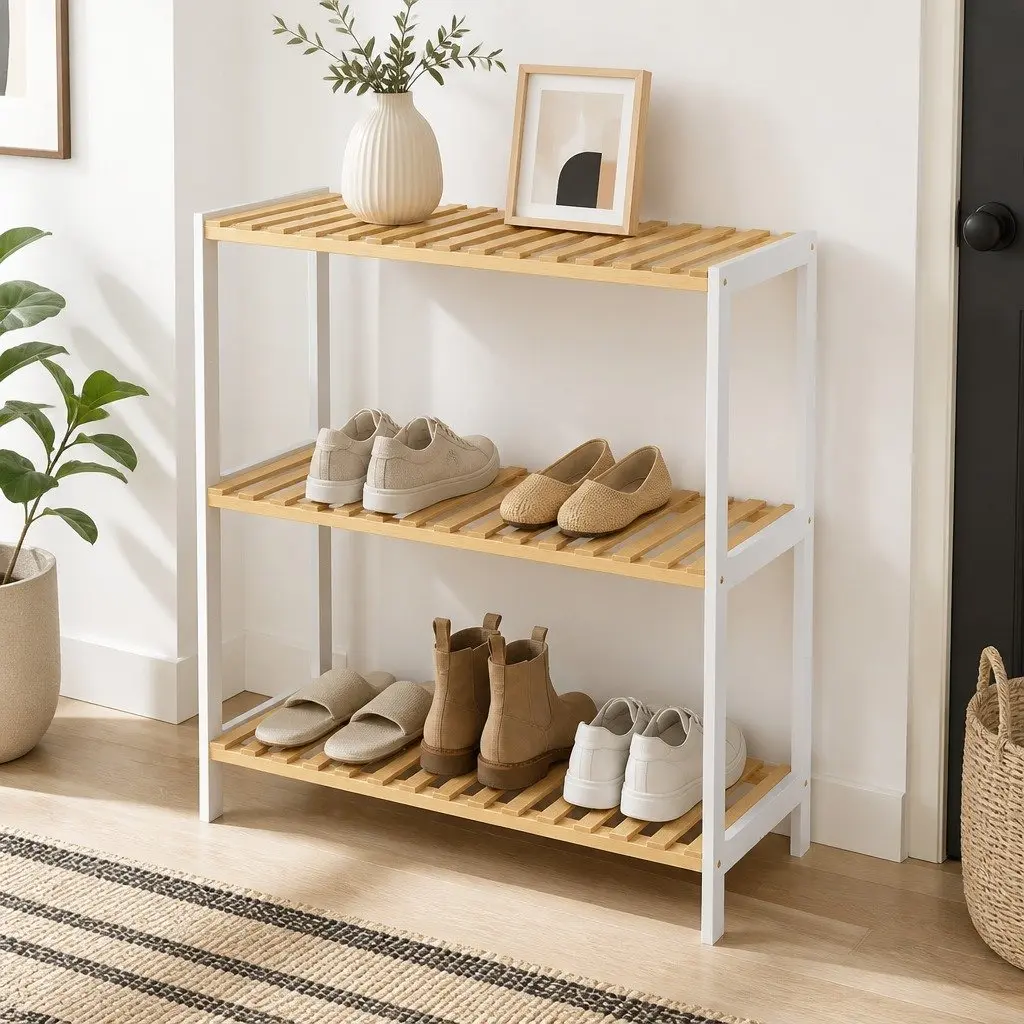 Bamboo Storage Rack 3 Tier Shelf Organiser for Shoes Plants Books Home 60cm L x 26cm W x 66cm H