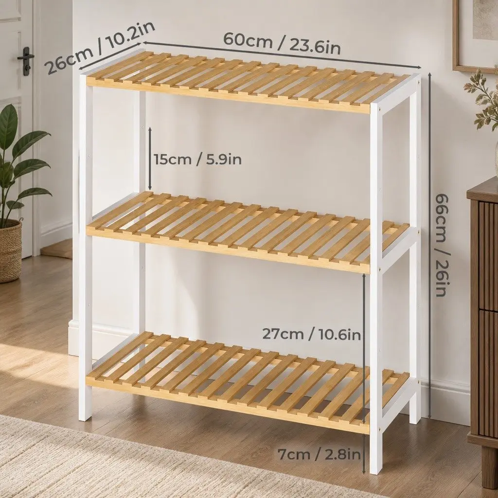Bamboo Storage Rack 3 Tier Shelf Organiser for Shoes Plants Books Home 60cm L x 26cm W x 66cm H