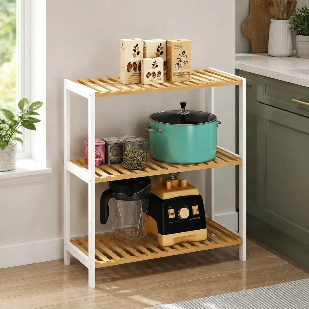 Bamboo Storage Rack 3 Tier Shelf Organiser for Shoes Plants Books Home 60cm L x 26cm W x 66cm H