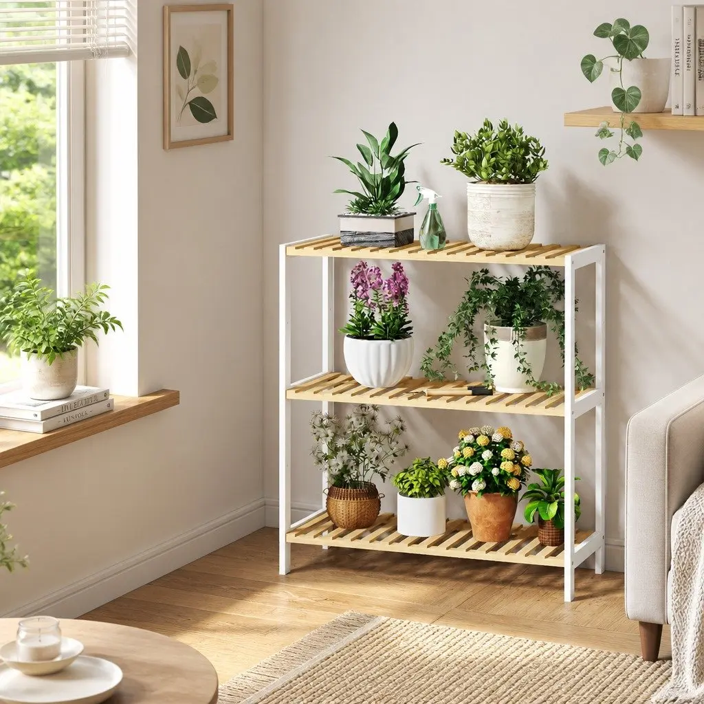 Bamboo Storage Rack 3 Tier Shelf Organiser for Shoes Plants Books Home 60cm L x 26cm W x 66cm H