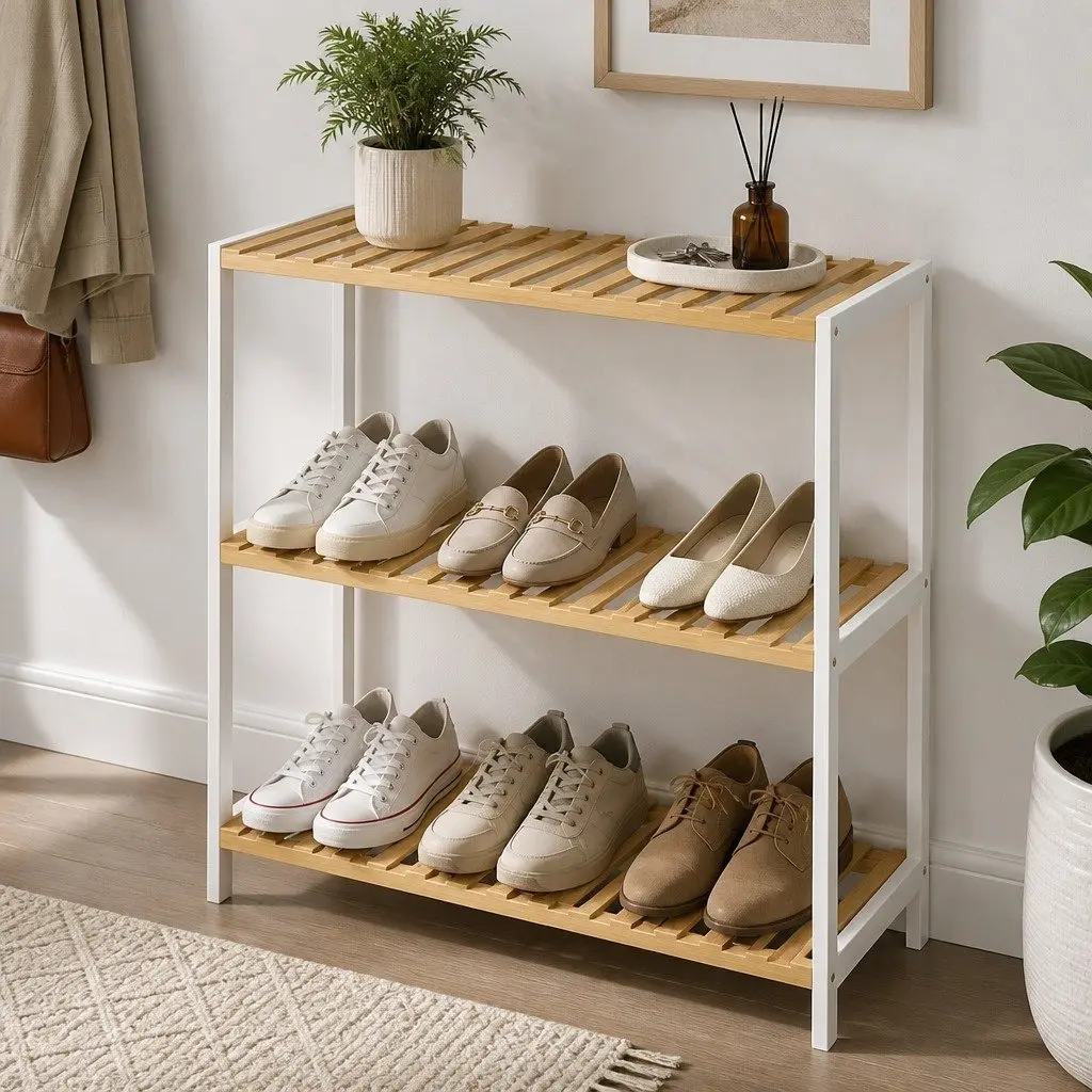 Bamboo Storage Rack 3 Tier Shelf Organiser for Shoes Plants Books Home 60cm L x 26cm W x 66cm H