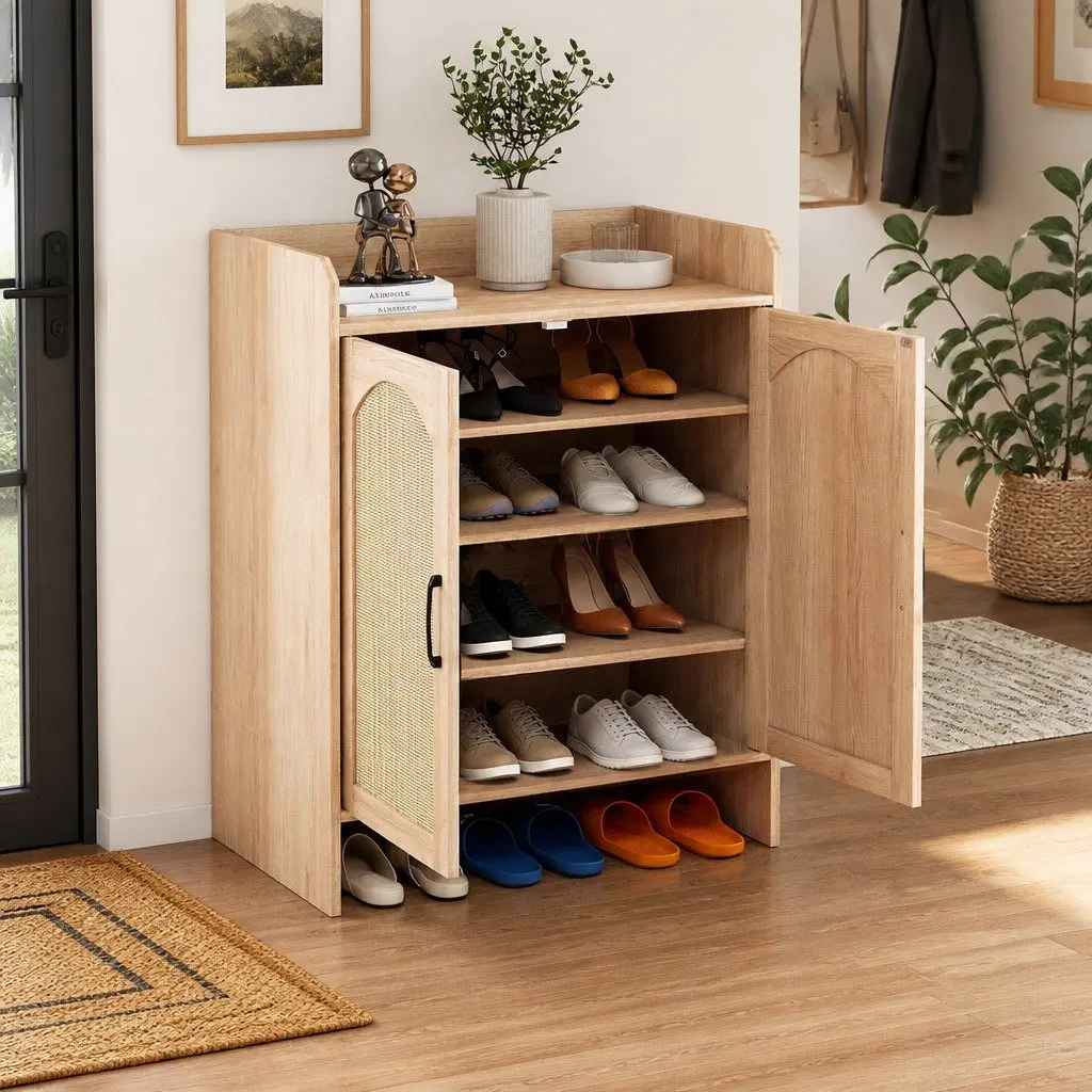 5 Tier Wooden Shoe Cabinet Double Door Storage Rack Organiser Entryway Hallway