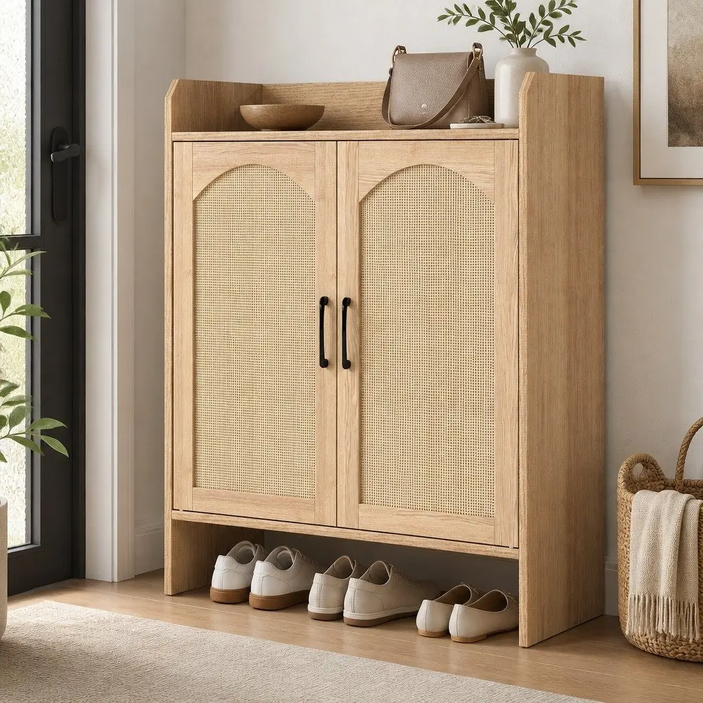 5 Tier Wooden Shoe Cabinet Double Door Storage Rack Organiser Entryway Hallway