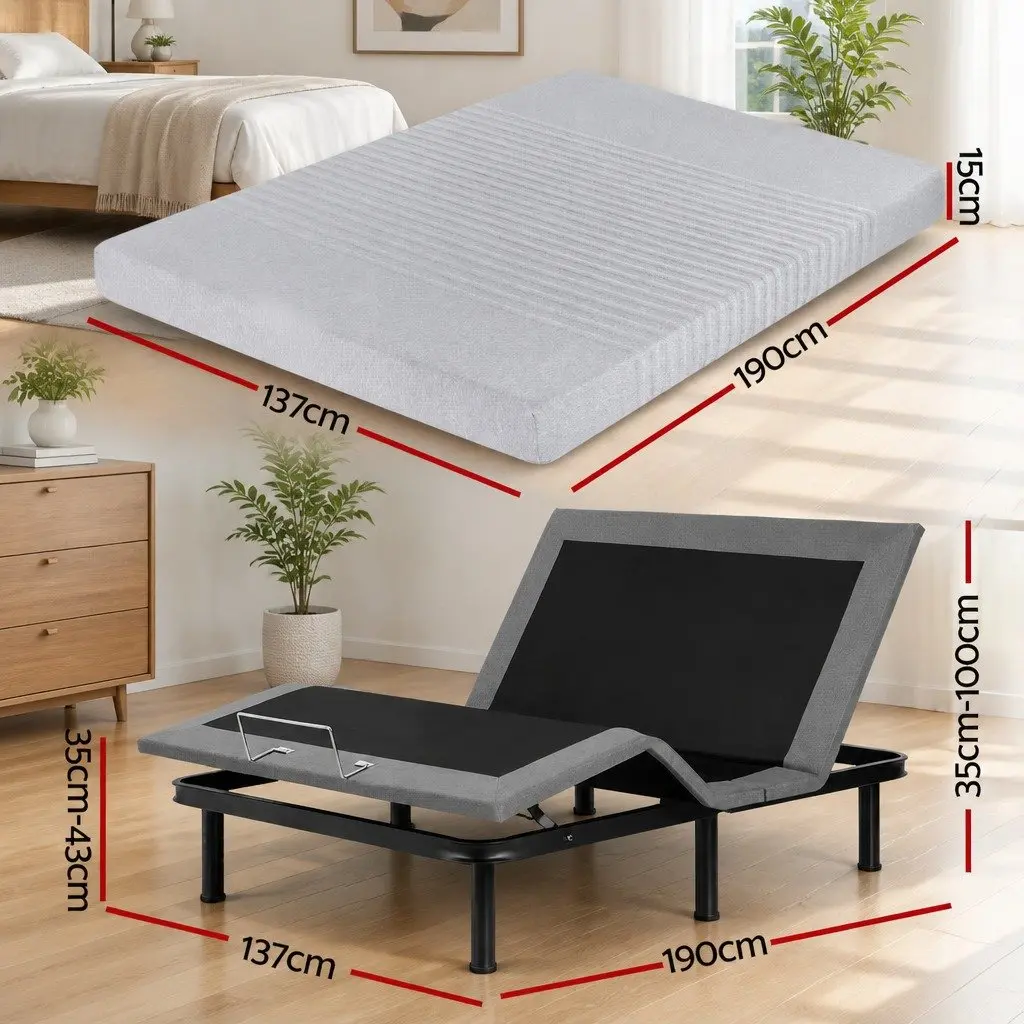 Double Electric Adjustable Bed Frame with Memory Foam Mattress Set Double Size