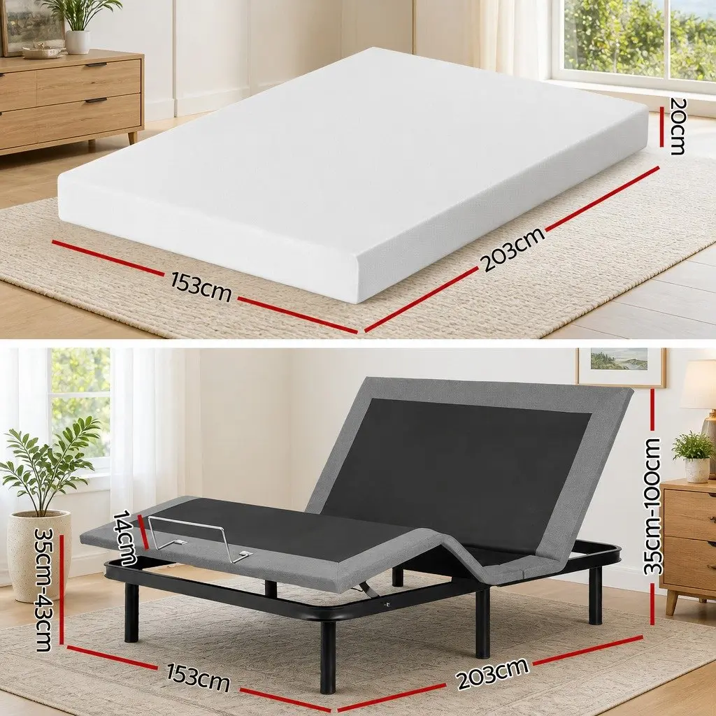 Queen Adjustable Bed Frame Electric for Bedroom with Wireless Remote and Memory Foam Mattress 20cm Thick