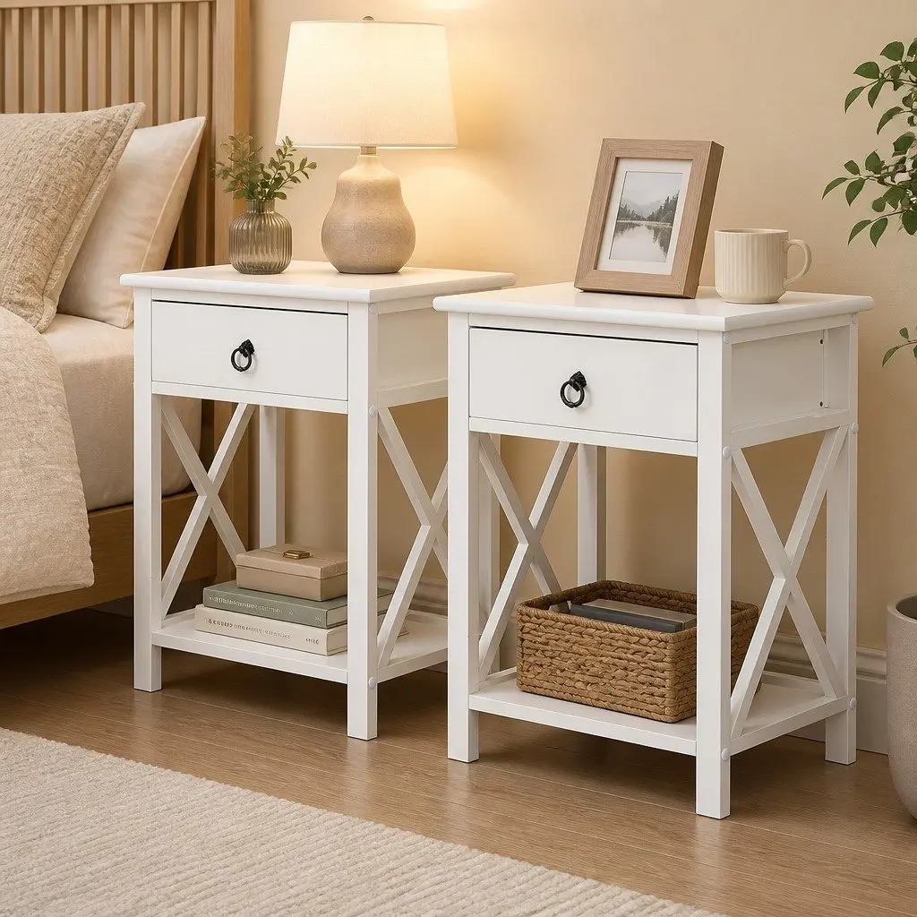 Bedside Tables with Drawers Set of 2 Modern Nightstand Storage Side Table