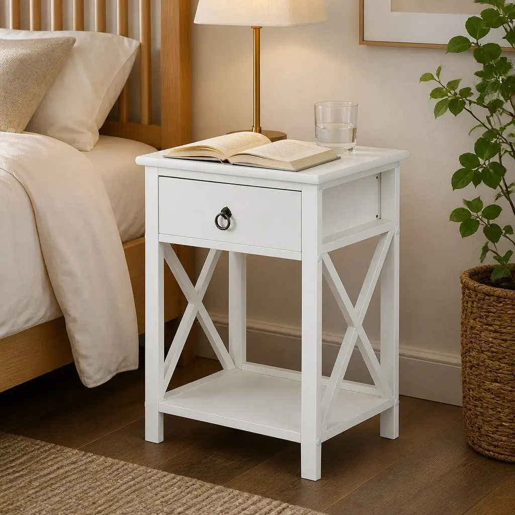 Bedside Table Nightstand Wooden White Modern Storage 40.6cm x 30.5cm x 53cm