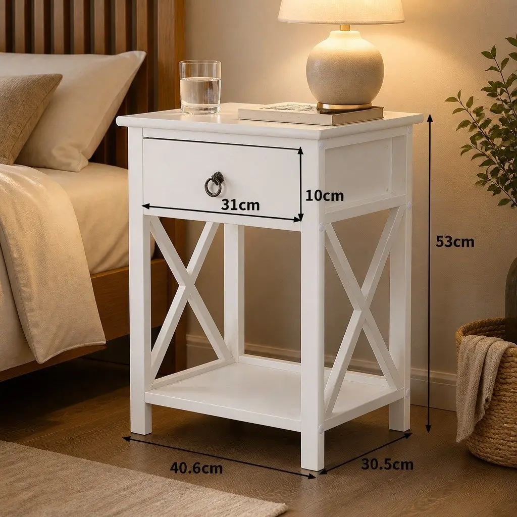 Bedside Table Nightstand Wooden White Modern Storage 40.6cm x 30.5cm x 53cm