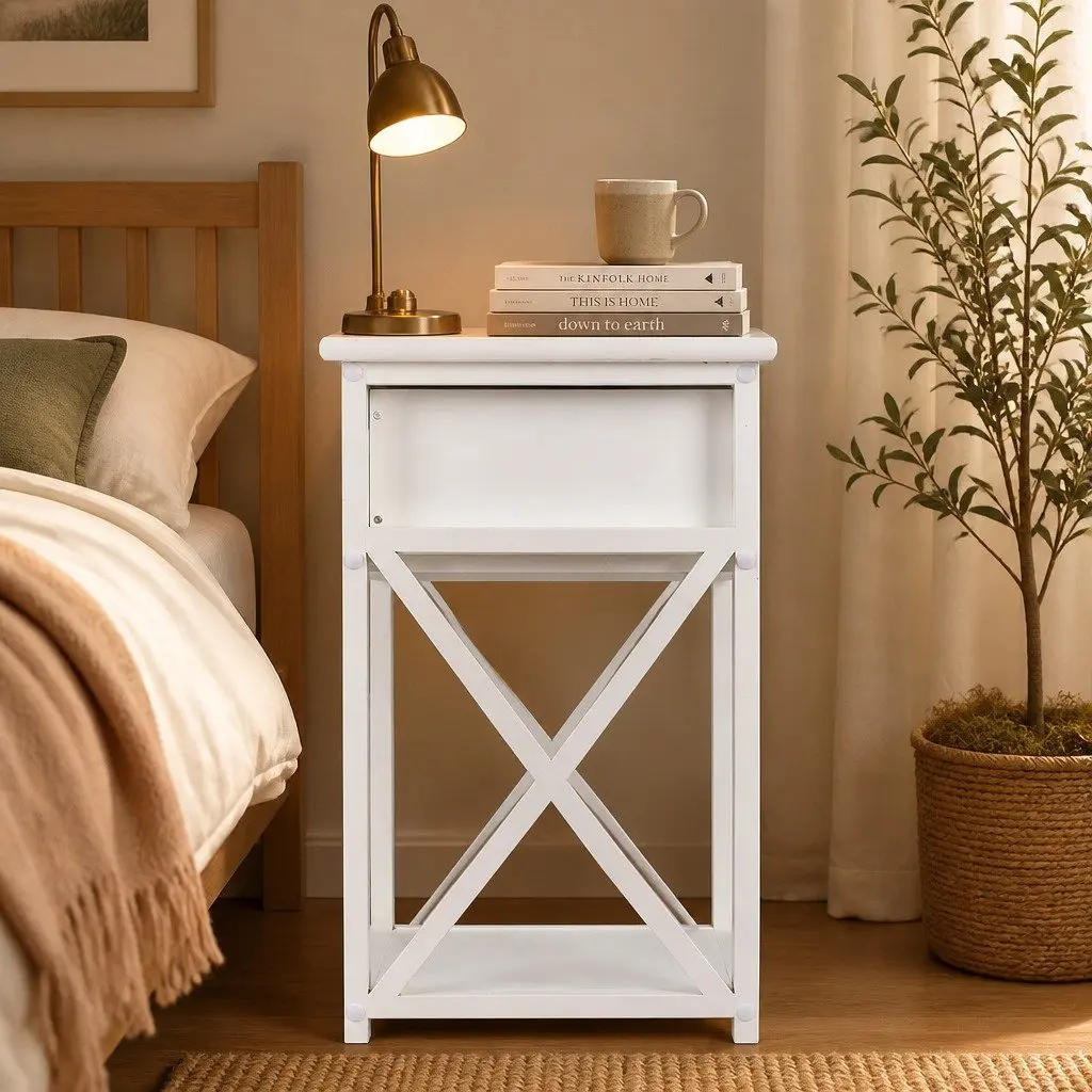 Bedside Table Nightstand Wooden White Modern Storage 40.6cm x 30.5cm x 53cm