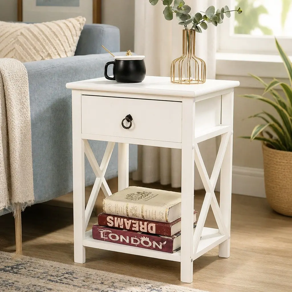 Bedside Table Nightstand Wooden White Modern Storage 40.6cm x 30.5cm x 53cm