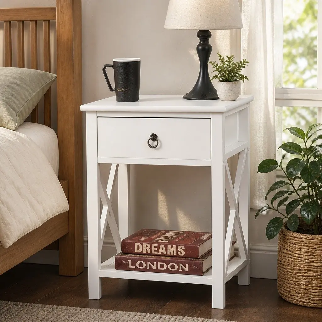 Bedside Table Nightstand Wooden White Modern Storage 40.6cm x 30.5cm x 53cm