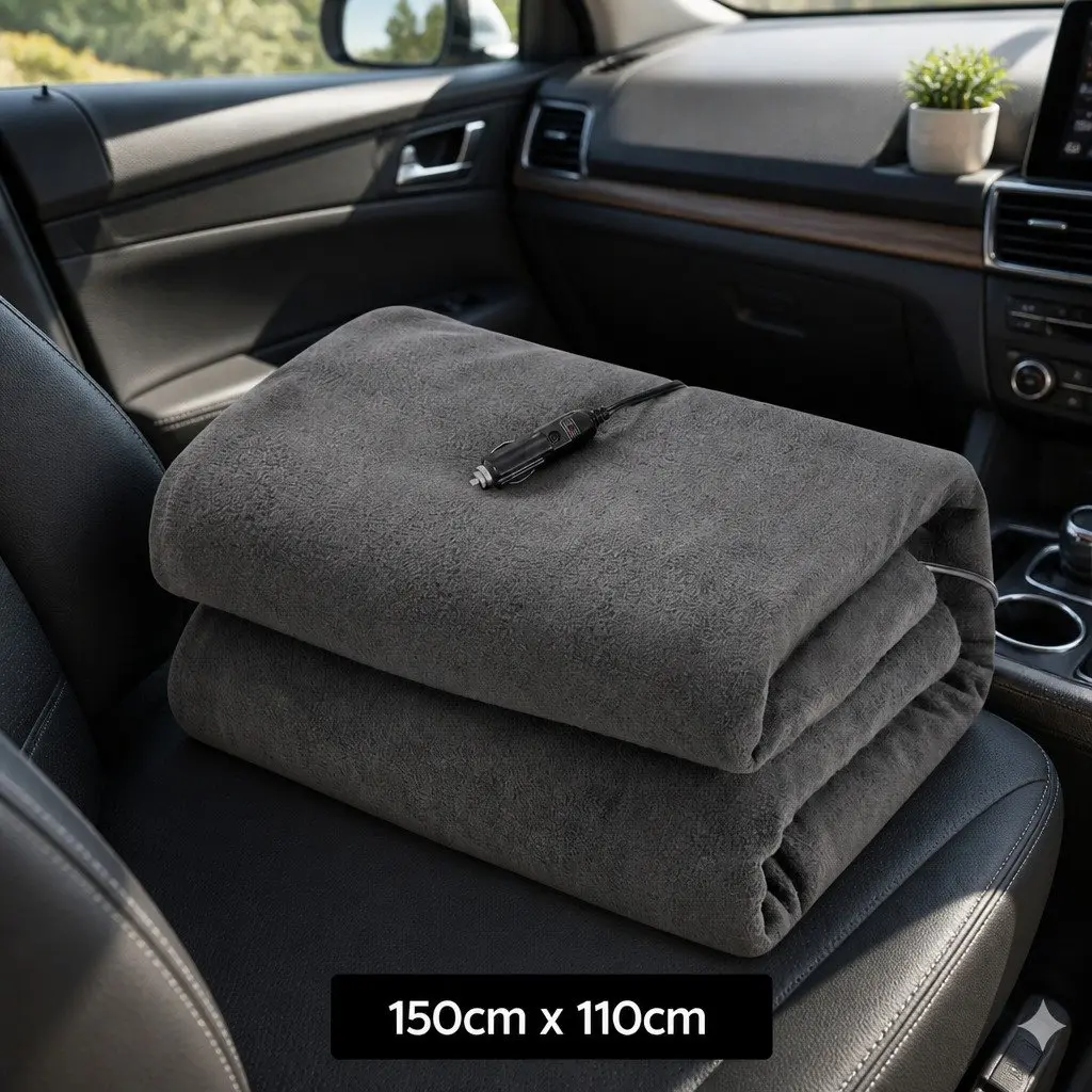Electric Car Blanket 12V DC Heated Throw for Vehicles Camping 150cm x 110cm Grey