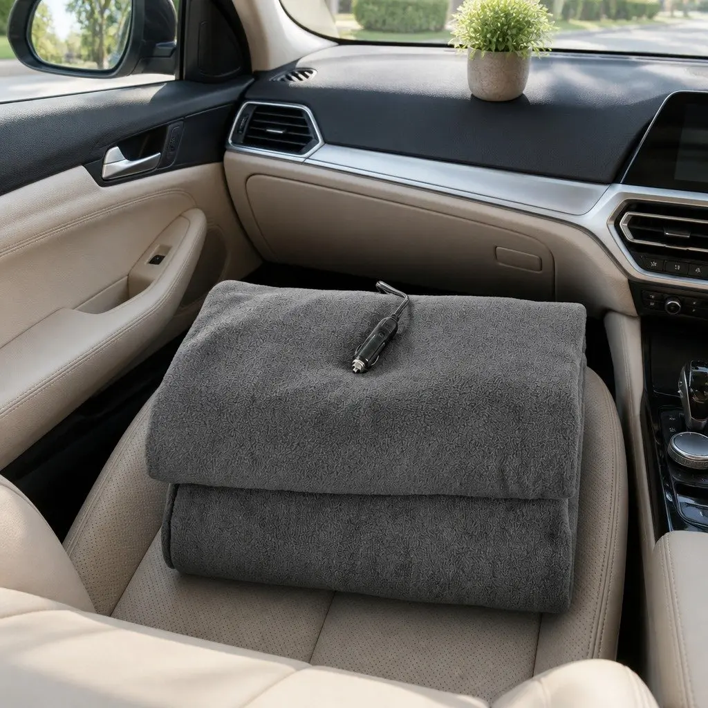Electric Car Blanket 12V DC Heated Throw for Vehicles Camping 150cm x 110cm Grey