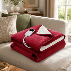 Electric Heated Throw Rug Burgundy Double-Sided Flannel Sherpa Blanket 9