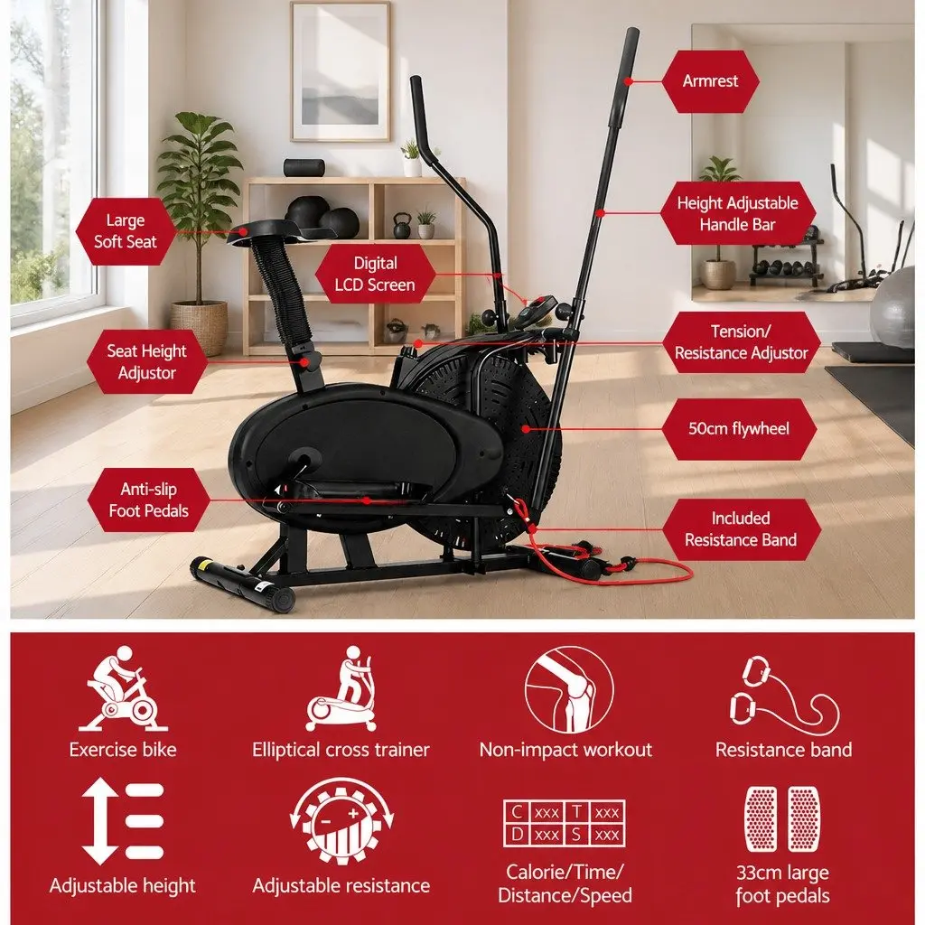4 in 1 Cross Trainer Exercise Bike for Home Gym Indoor Use Adjustable Resistance Black
