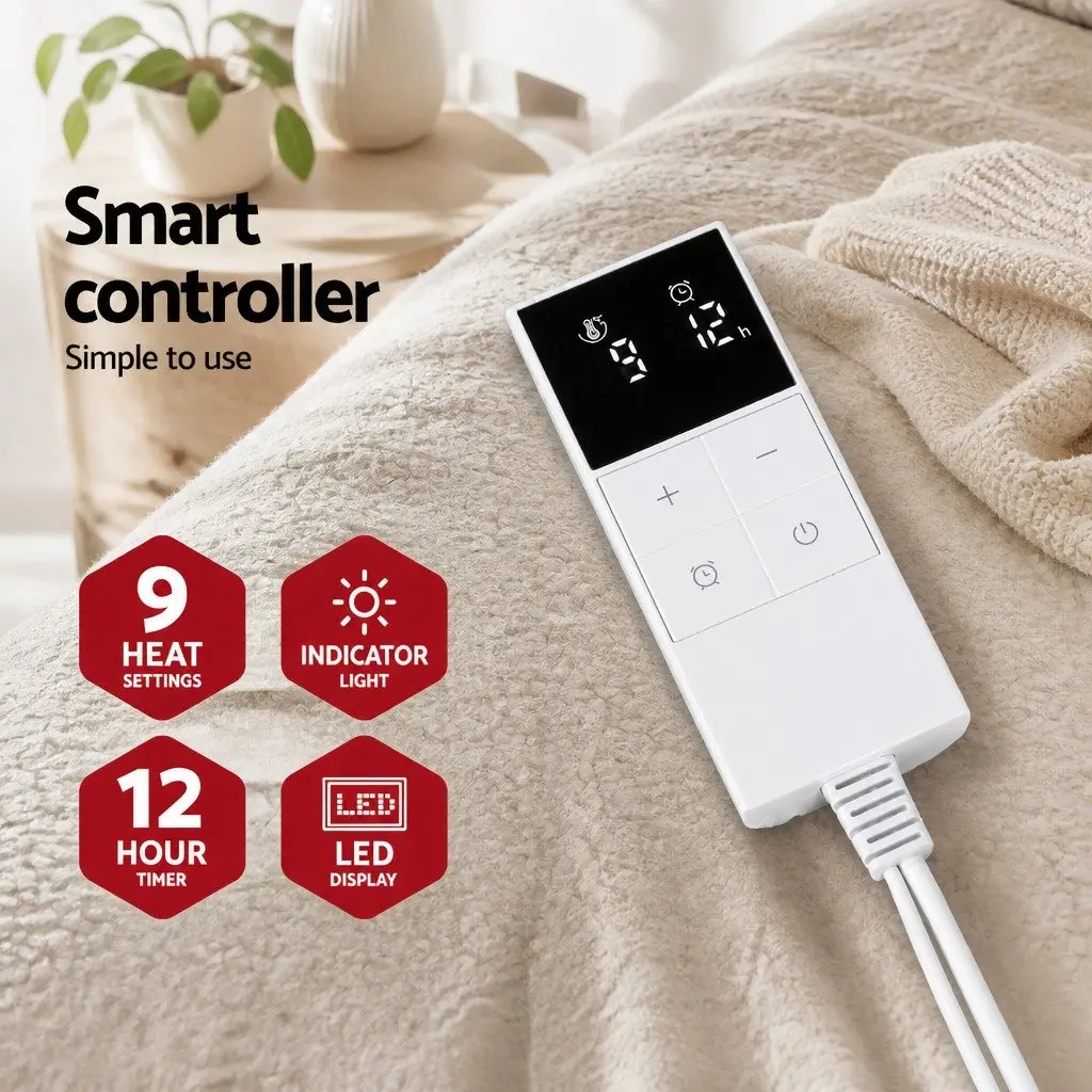 Queen Size Electric Blanket Fully Fitted Fleecy Fabric Heated Bedding 9