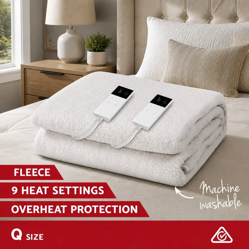 Queen Size Electric Blanket Fully Fitted Fleecy Fabric Heated Bedding 9