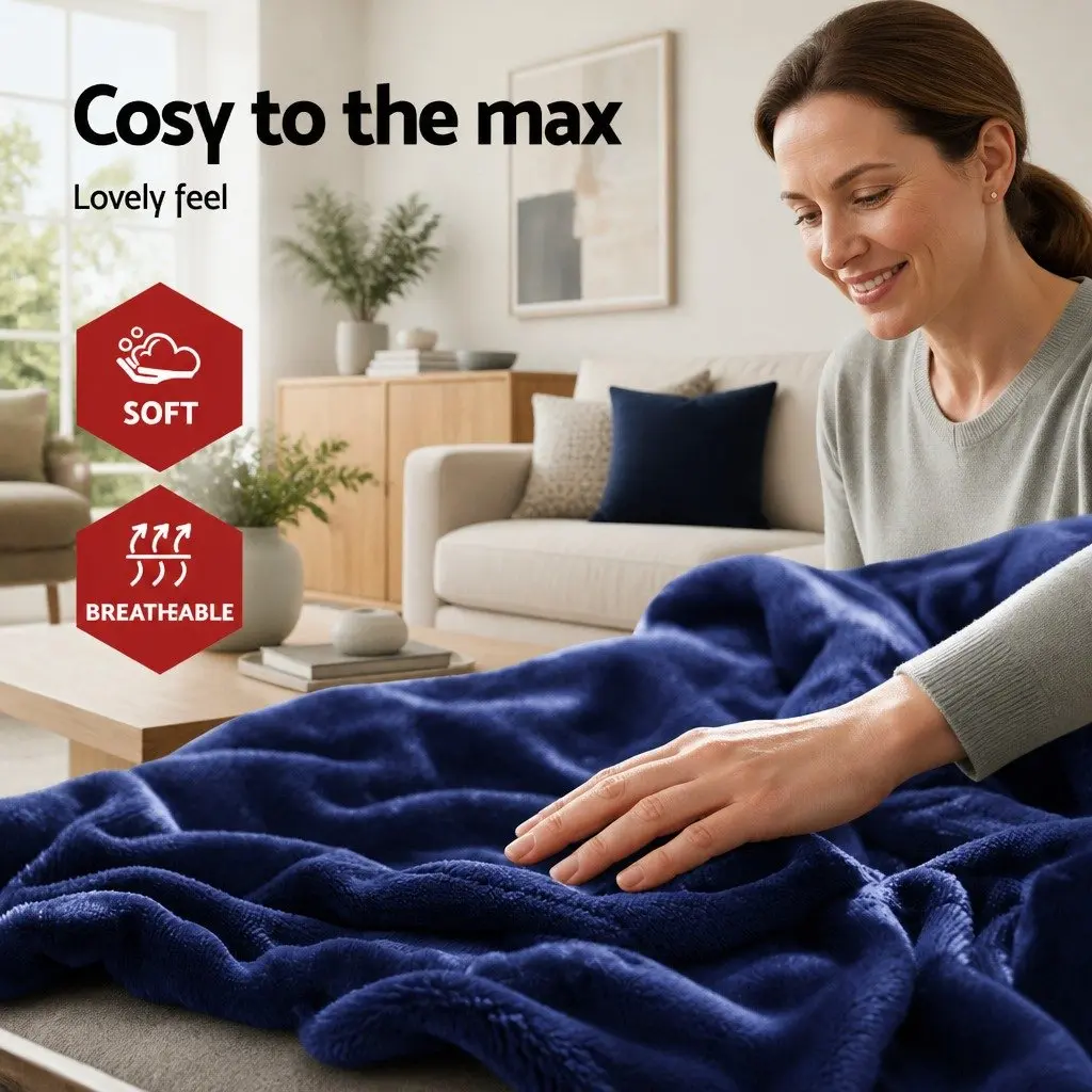 Electric Throw Blanket Sofa Couch Navy Blue 160cm x 130cm Heated Fleece 9 Levels