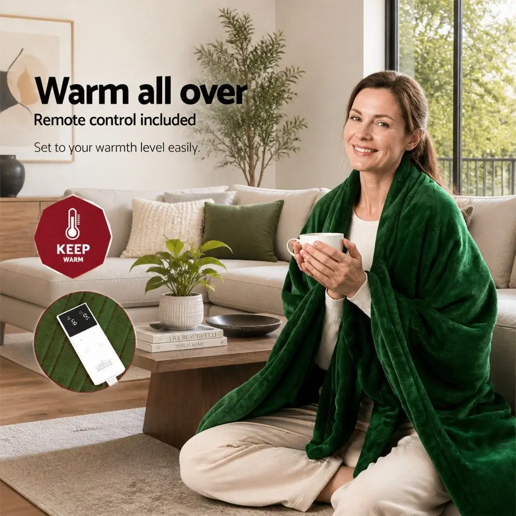 Electric Heated Throw Rug for Sofa Couch Bed 160cm x 130cm Green