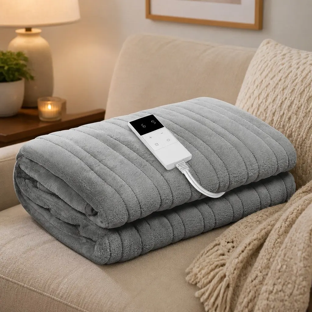 Electric Heated Throw Rug Fleece Blanket Washable Warm Cosy Silver 160x130cm
