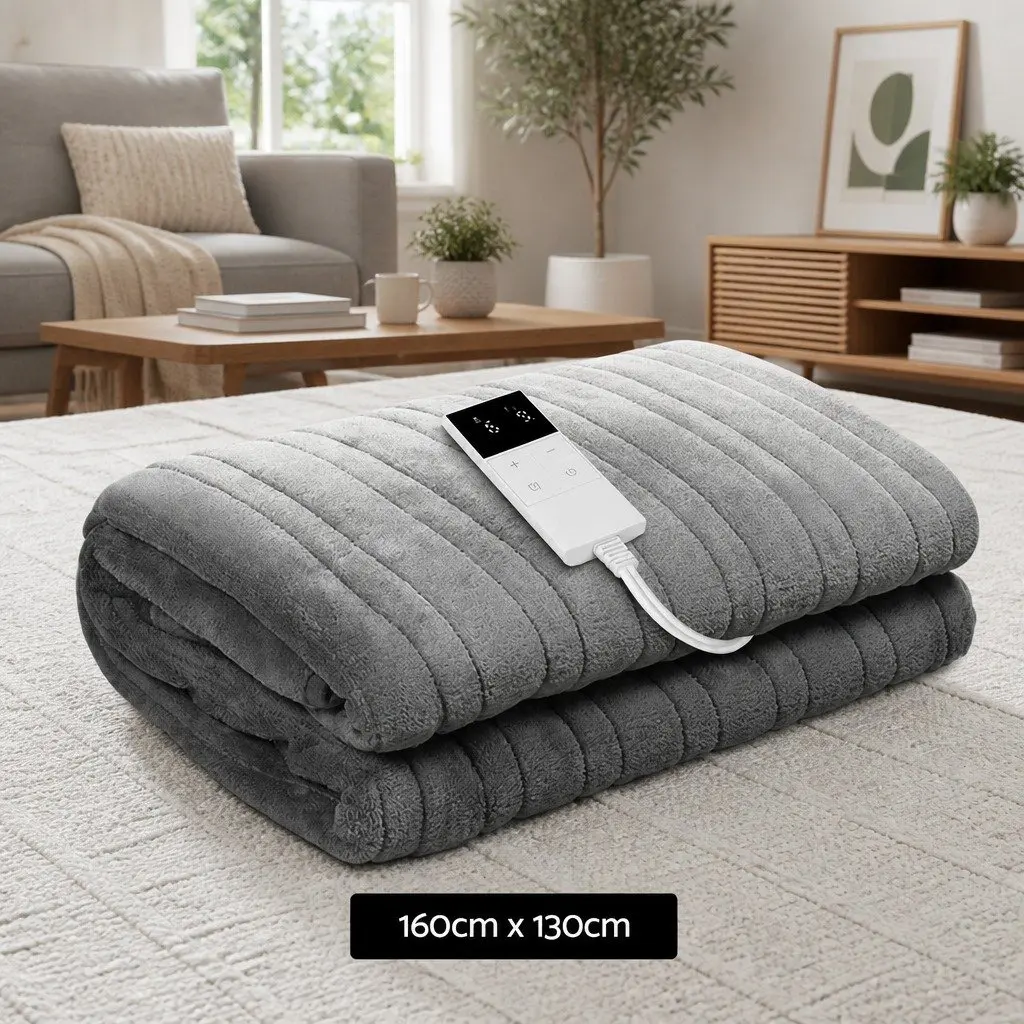 Electric Heated Throw Rug Fleece Blanket Washable Warm Cosy Silver 160x130cm