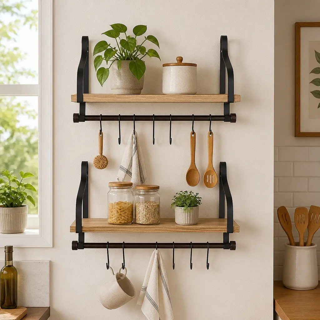Floating Shelf Brackets Wall Mount Paulownia Wood Industrial Display Organizer Living Room 43cm x 18cm x 24.5cm