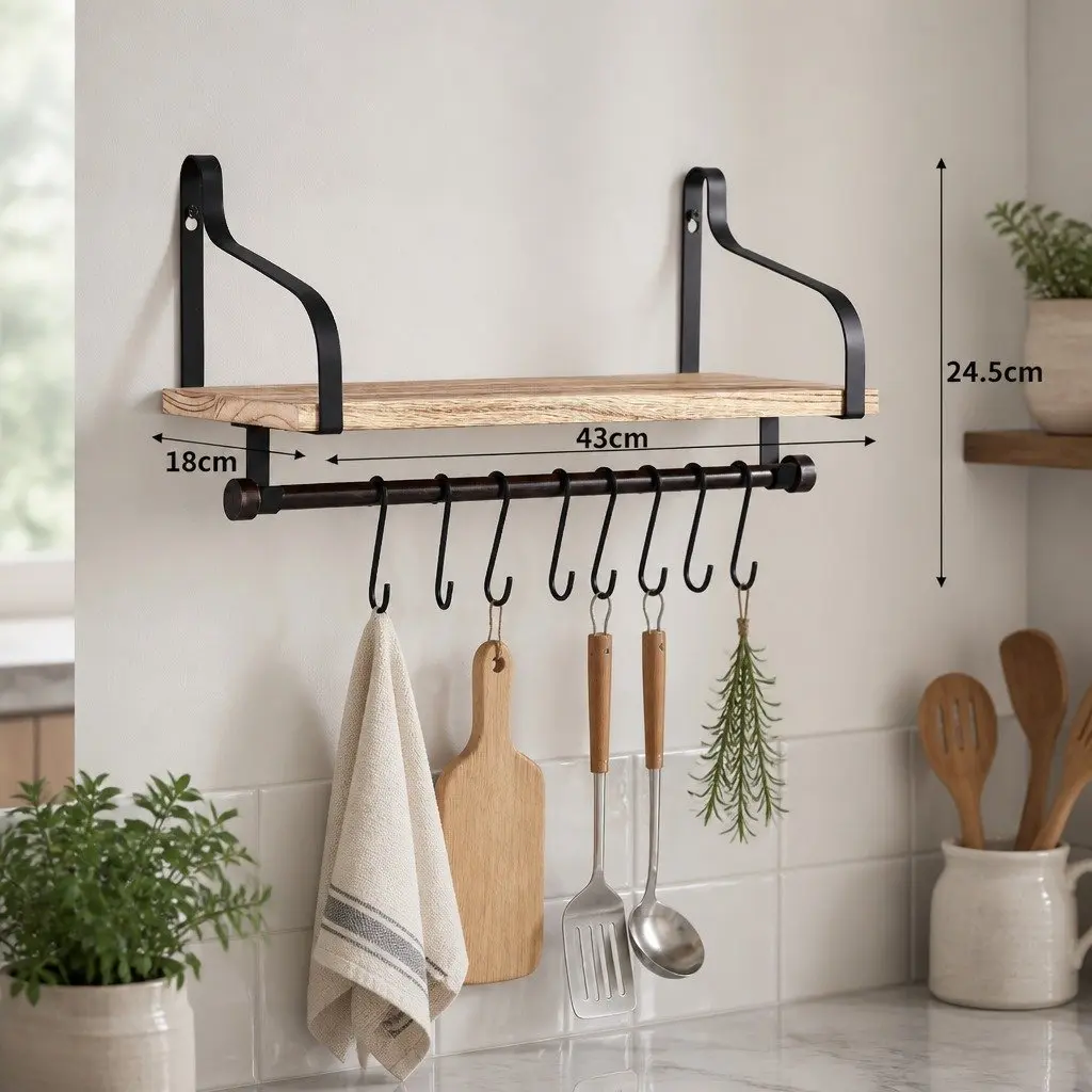 Floating Shelf Brackets Wall Mount Paulownia Wood Industrial Display Organizer Living Room 43cm x 18cm x 24.5cm
