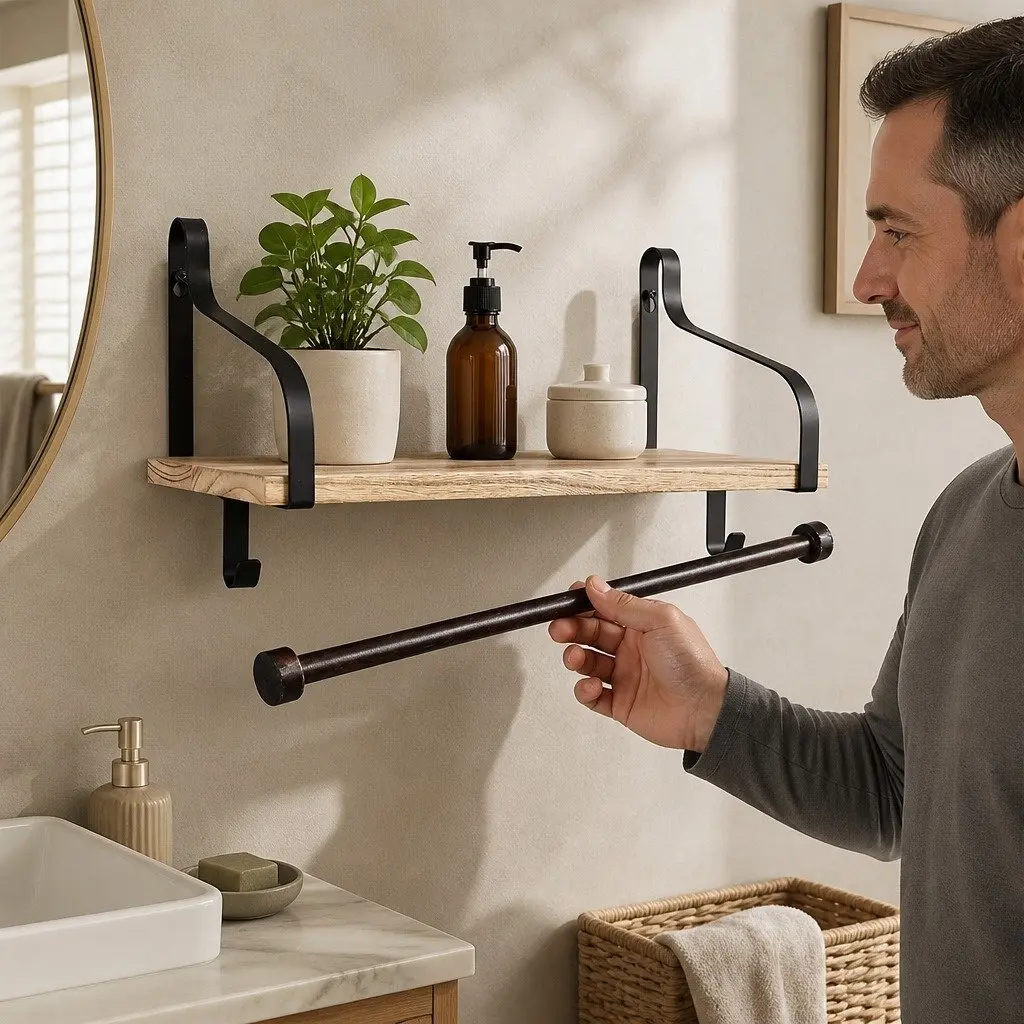 Floating Shelf Brackets Wall Mount Paulownia Wood Industrial Display Organizer Living Room 43cm x 18cm x 24.5cm