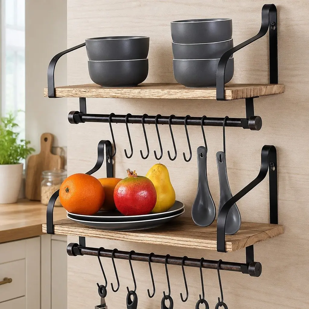 Floating Shelf Brackets Wall Mount Paulownia Wood Industrial Display Organizer Living Room 43cm x 18cm x 24.5cm