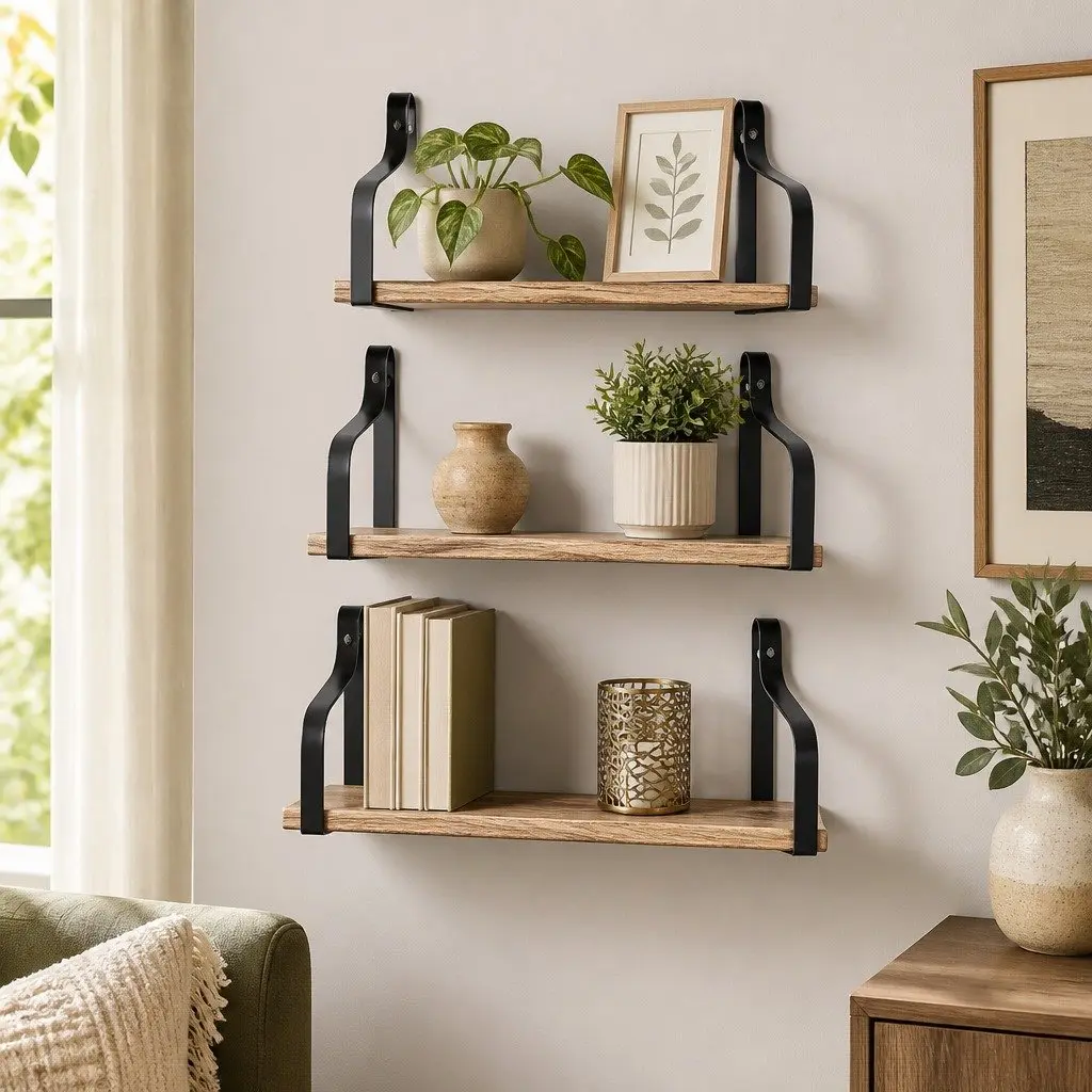Floating Shelf Brackets Home Office 3 Piece Paulownia Wood Industrial Style