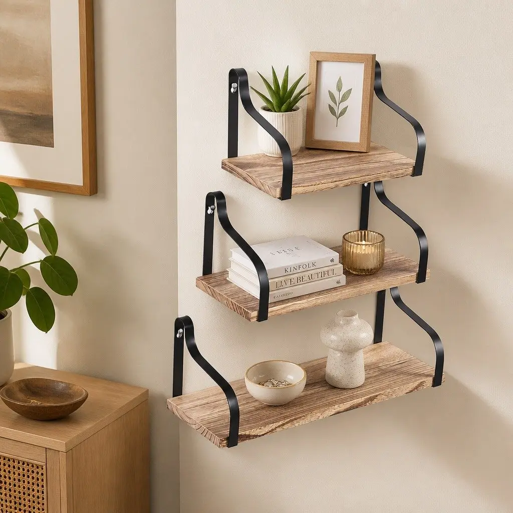 Floating Shelf Brackets Home Office 3 Piece Paulownia Wood Industrial Style