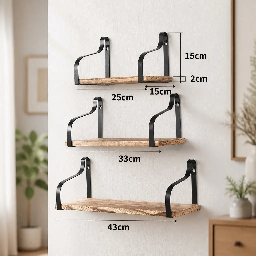 Floating Shelf Brackets Home Office 3 Piece Paulownia Wood Industrial Style