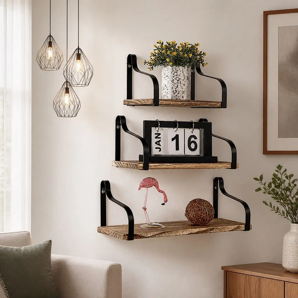 Floating Shelf Brackets Home Office 3 Piece Paulownia Wood Industrial Style